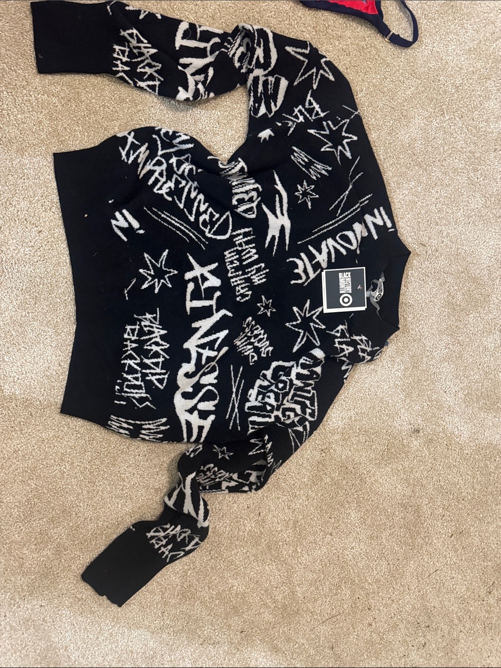 Black Graphic Crewneck Sweater with White Script and Stars -